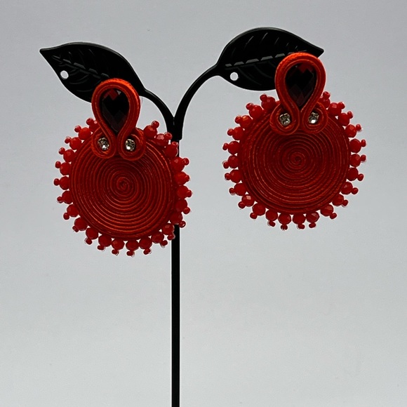 Red Round Elegant Dangle Earrings - Stylish Glam Earrings - Trendy Earrings - Picture 6 of 7